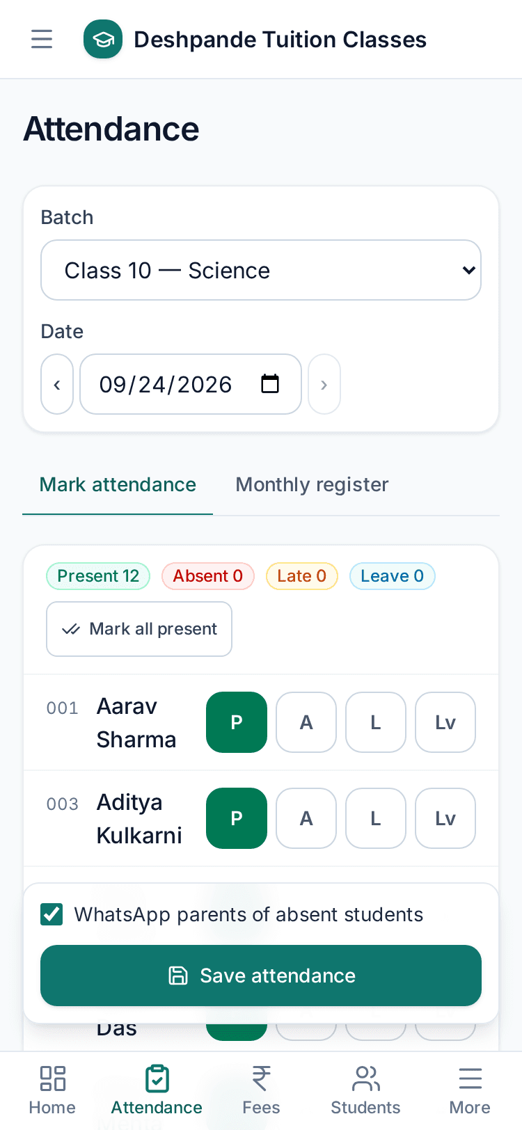 Marking attendance on a phone with Present, Absent, Late and Leave buttons